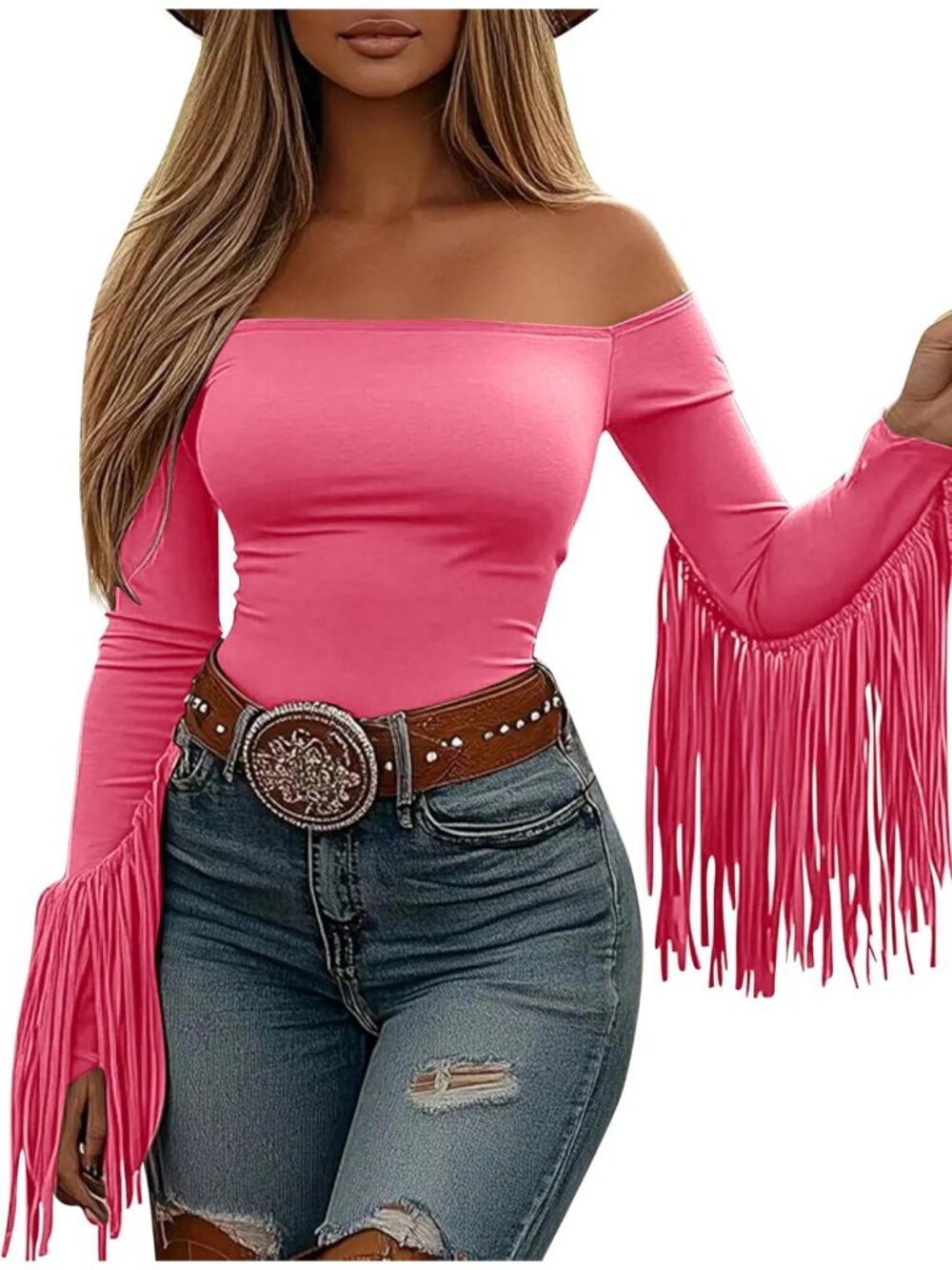 Women's Pink Stretchy Crop Off Shoulder Concert Cowgirl Fringe Tassel Blouses